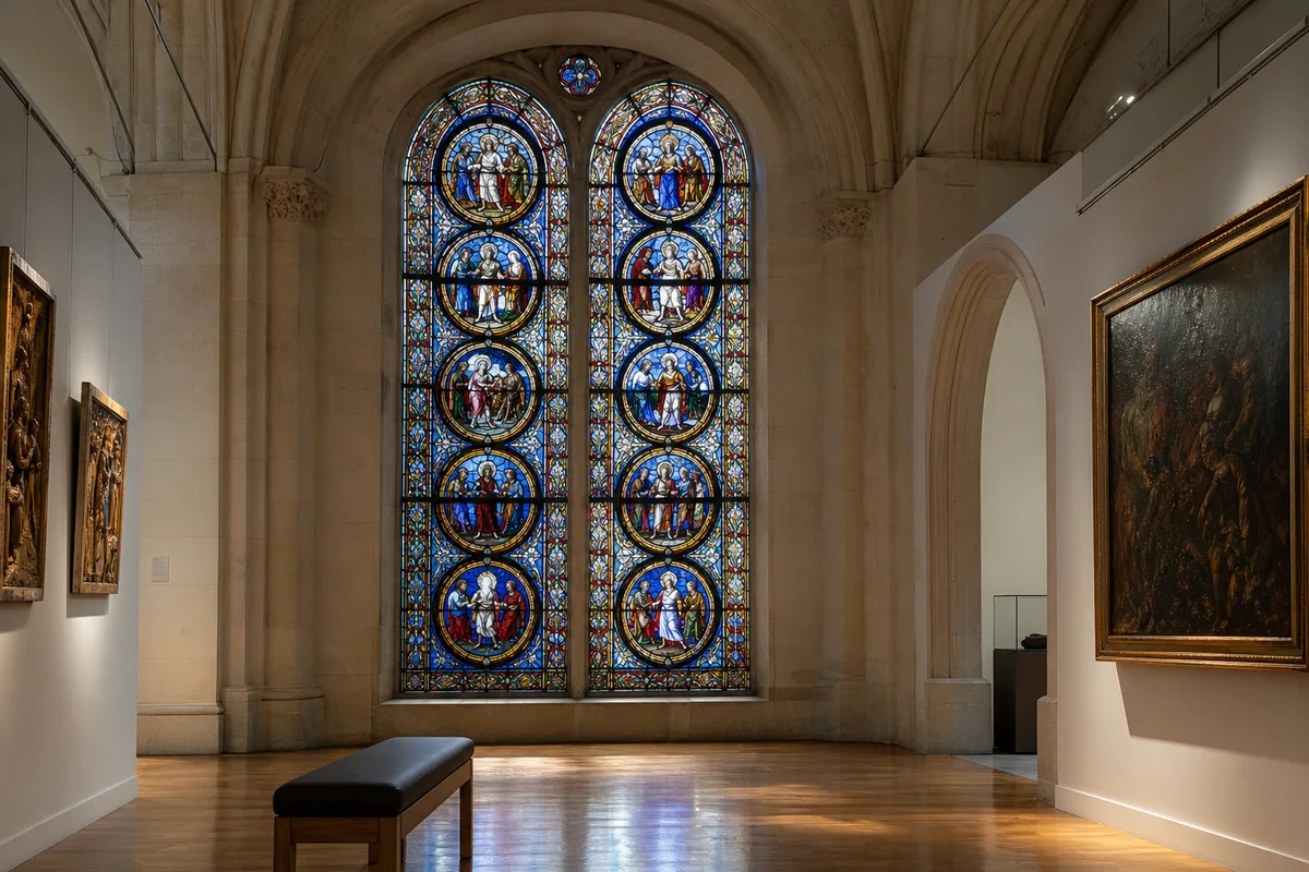 Verrière narrative composée de médaillons colorés dans une église