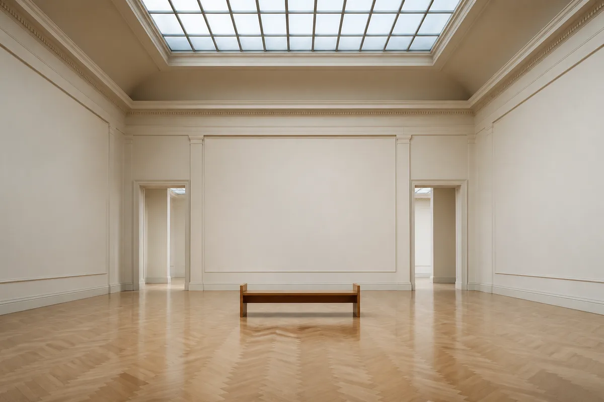 Visiteurs debout devant un grand tableau accroché dans une salle de musée éclairée par une verrière