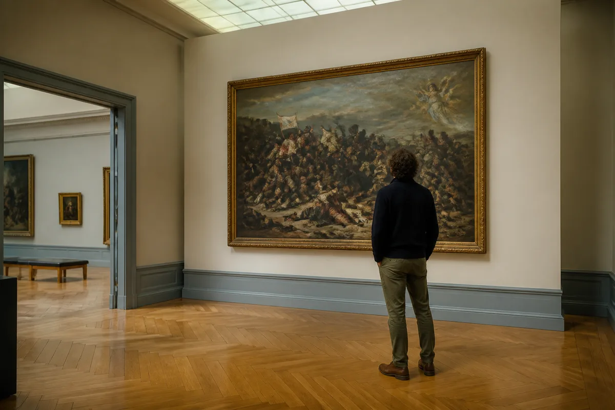 Visiteur observant attentivement un grand tableau ancien dans une salle de musée