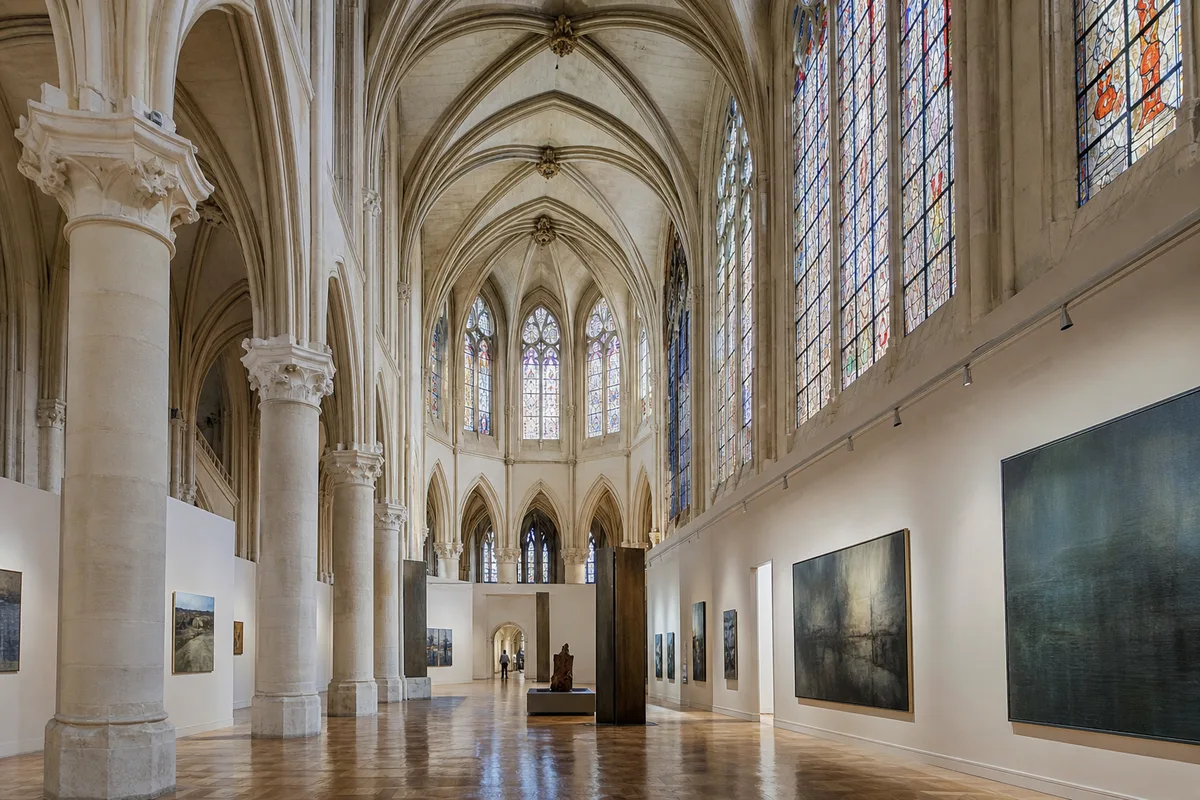 Nef gothique avec voûtes d&rsquo;ogives et hautes verrières colorées