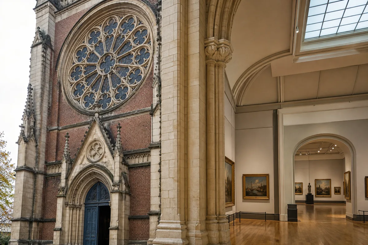 Façade d&rsquo;église néogothique en pierre et brique avec rosace