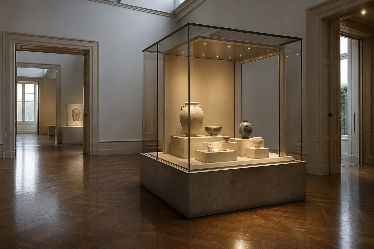 Deux enfants accroupis devant une vitrine éclairée dans une salle de musée